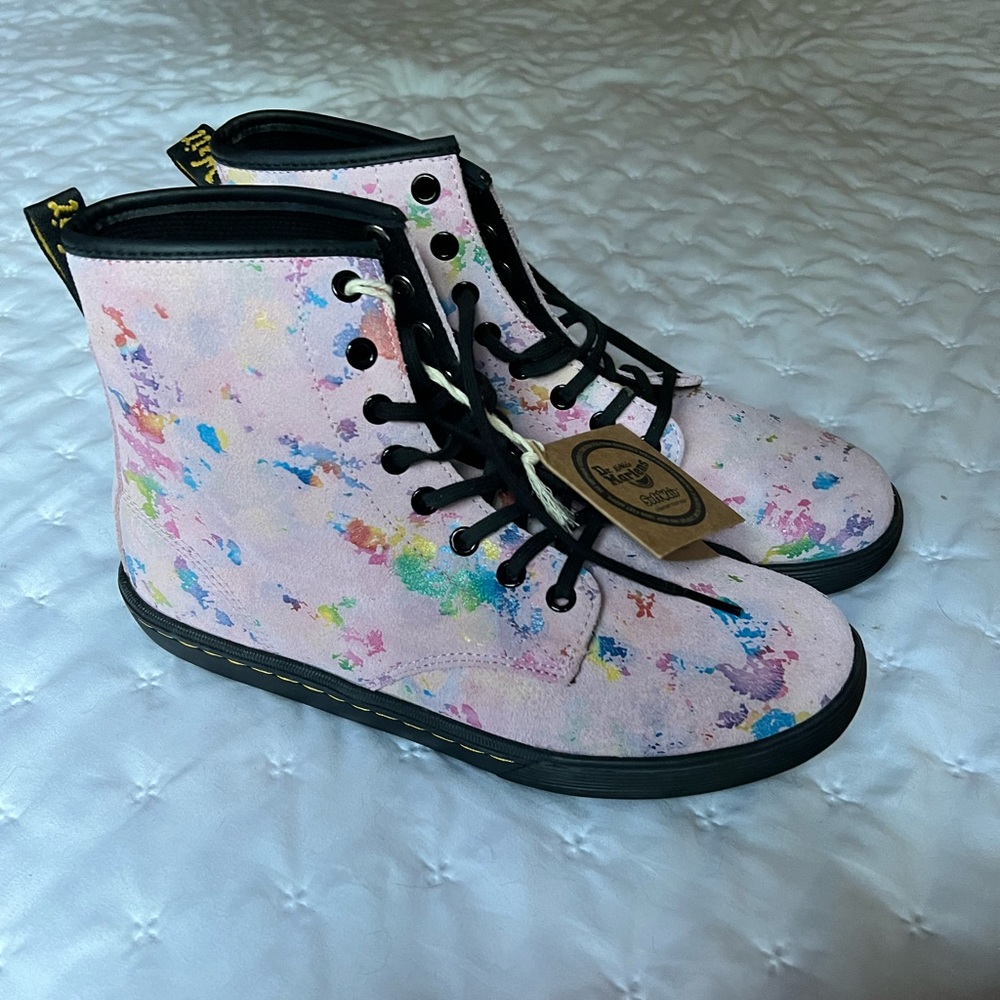 Dr. Martens pink splatter boots.